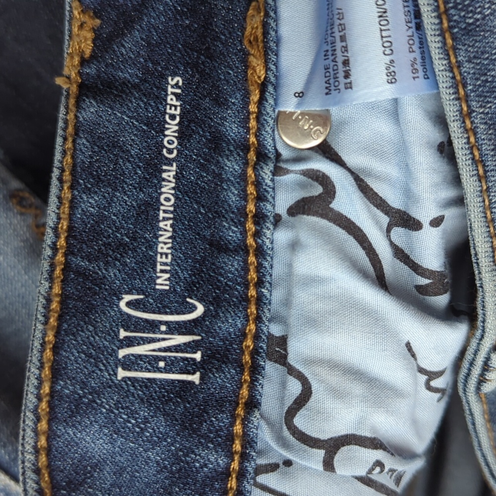INC Patchwork Regular Fit Skinny Leg Raw Hem Distressed Denim Jeans 8 Blue - Picture 8 of 16